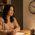 Femme contemplant une horloge affichant 23h23, assise dans un bureau chaleureux avec des livres et des cristaux en arrière-plan, illustrant la signification des anges et la spiritualité