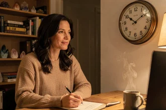 Femme contemplant une horloge affichant 23h23, assise dans un bureau chaleureux avec des livres et des cristaux en arrière-plan, illustrant la signification des anges et la spiritualité