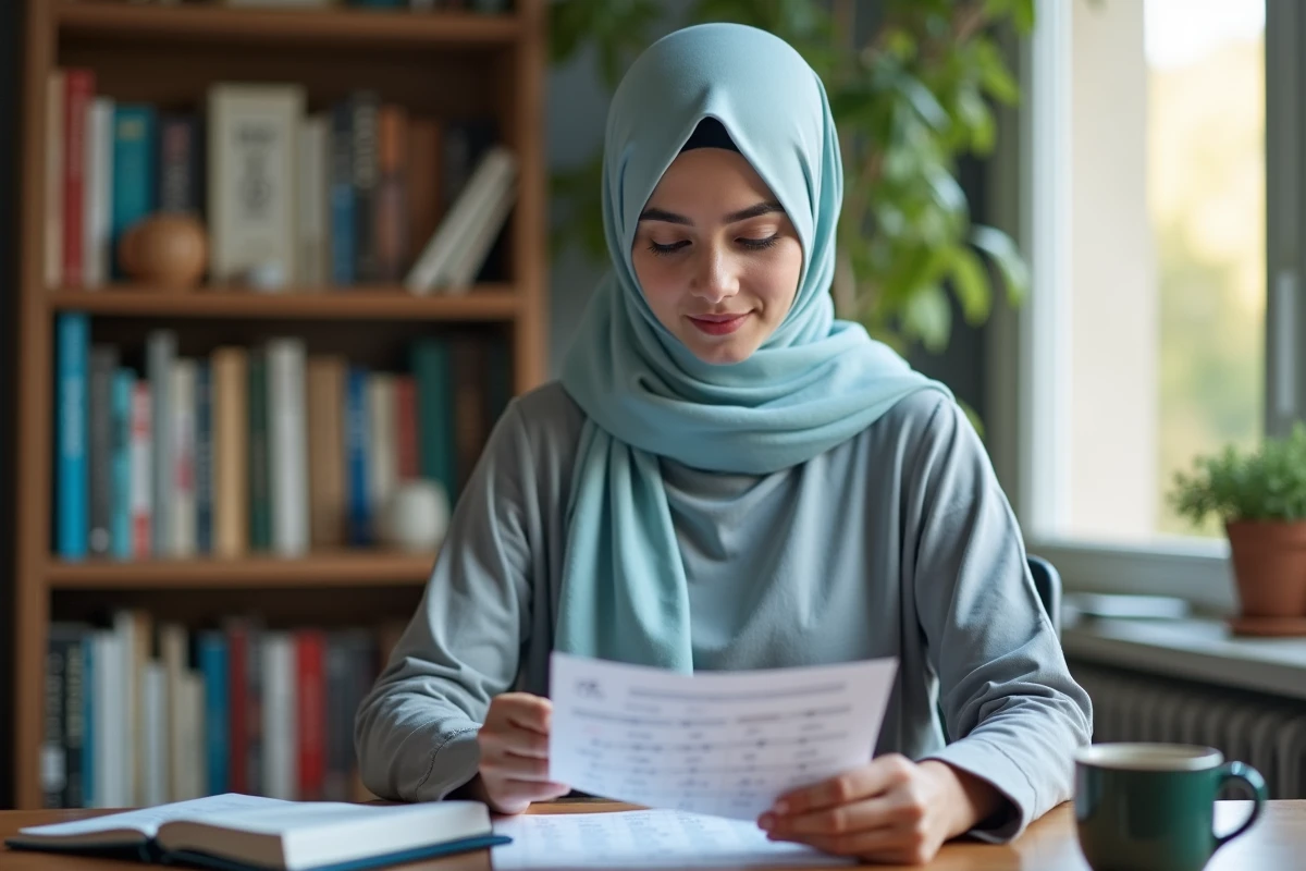 Jeune femme musulmane consultant l'imsakiya et les horaires de prière du Ramadan 2026 au Blanc-Mesnil