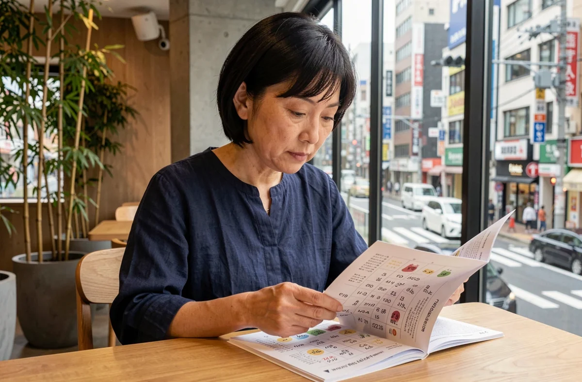 Femme japonaise concentrée sur un livre de mots fléchés dans un café moderne de Tokyo