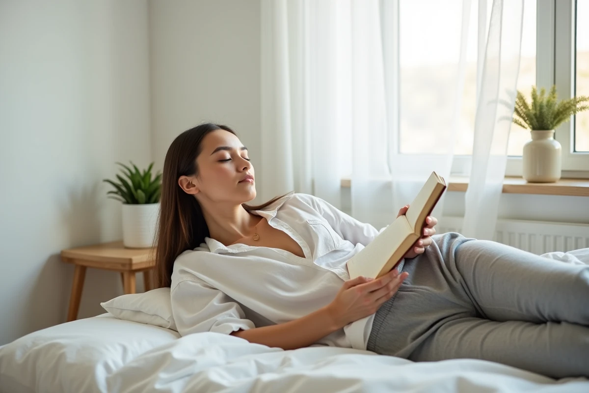 Jeune femme allongée avec un journal intime, ambiance introspective et spirituelle liée aux signes de la flamme jumelle