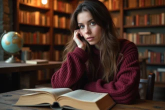 Jeune femme lisant un roman romantasy enemies to lovers dans une librairie indépendante chaleureuse