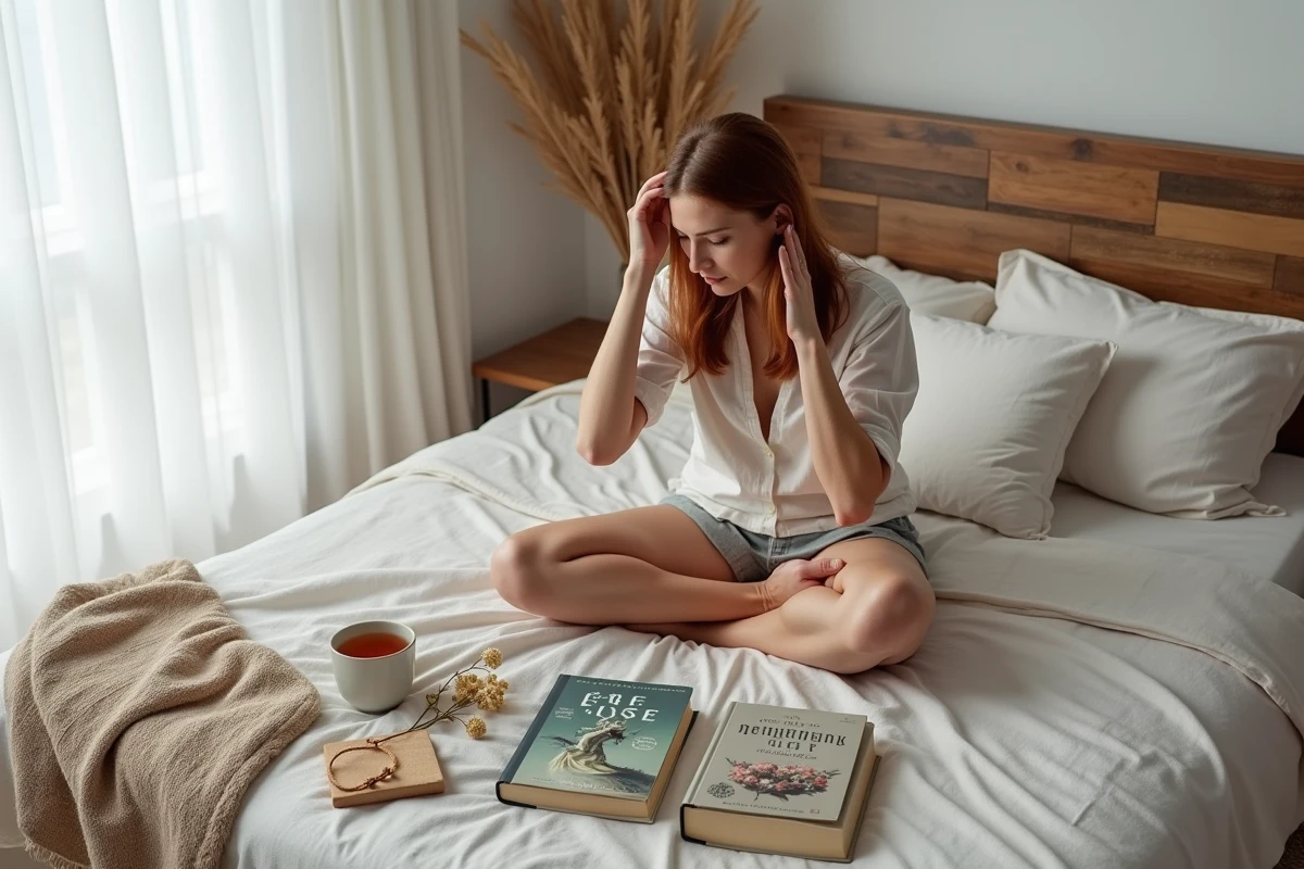 Femme lisant des livres romantasy entourée de romans enemies to lovers sur un lit cosy en décor nordique