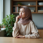 Jeune femme musulmane en intérieur contemplant la cuisine