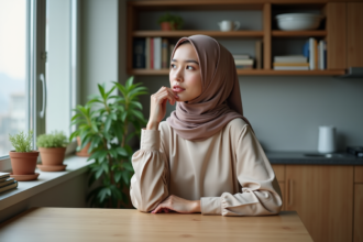 Jeune femme musulmane en intérieur contemplant la cuisine