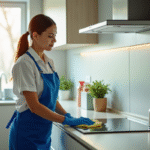 Professionnel en nettoyage cuisine moderne et lumineuse