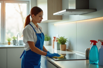 Professionnel en nettoyage cuisine moderne et lumineuse
