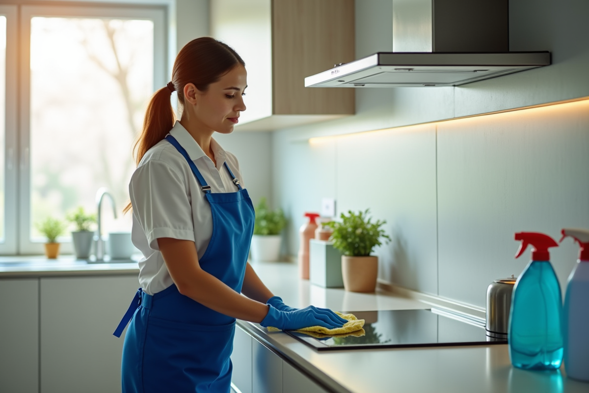 Professionnel en nettoyage cuisine moderne et lumineuse
