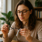 Jeune femme nettoyant ses lunettes avec un chiffon doux