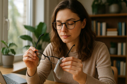 Jeune femme nettoyant ses lunettes avec un chiffon doux