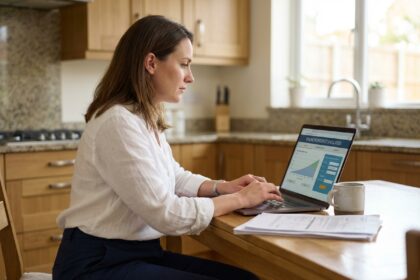 Femme utilisant un simulateur de prêt immobilier à la maison