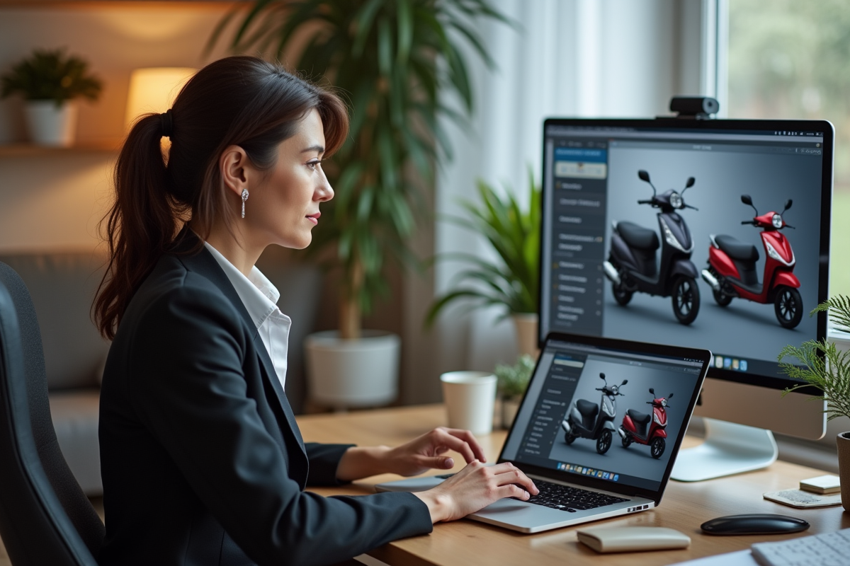 Femme compare specs de motos 125cc sur son ordinateur