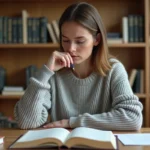 Femme hésitant sur l'orthographe d'un mot en français, entourée de livres de grammaire et de notes manuscrites sur un bureau en bois