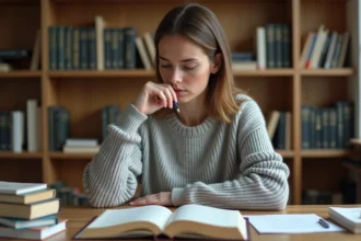 Femme hésitant sur l'orthographe d'un mot en français, entourée de livres de grammaire et de notes manuscrites sur un bureau en bois