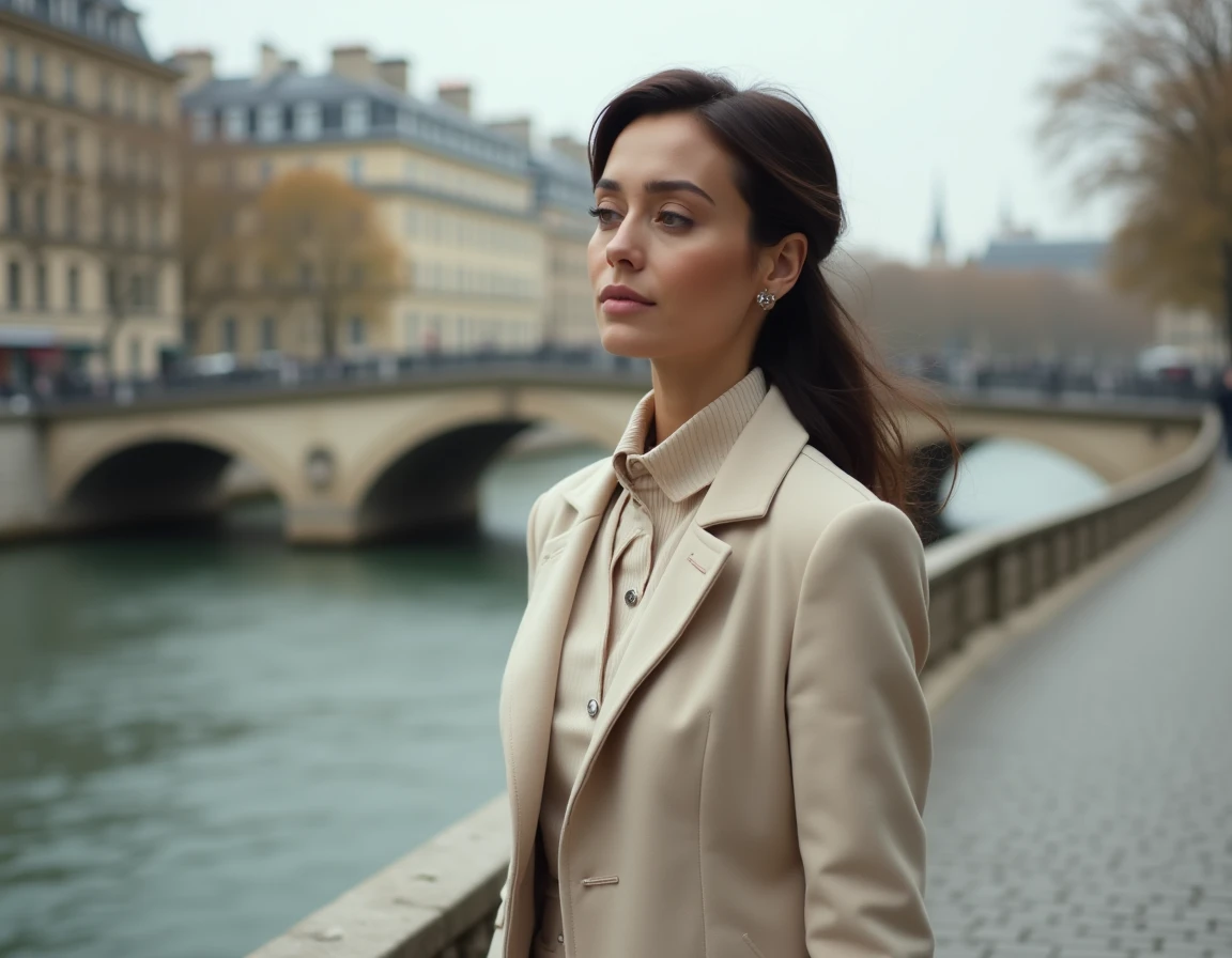 Femme parisienne élégante en manteau crème se promenant au bord de la Seine, portrait éditorial inspiré d'Alice Taglioni