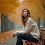 Femme pensive assise sur un banc en automne, symbolisant le doute et l'attente de la flamme jumelle