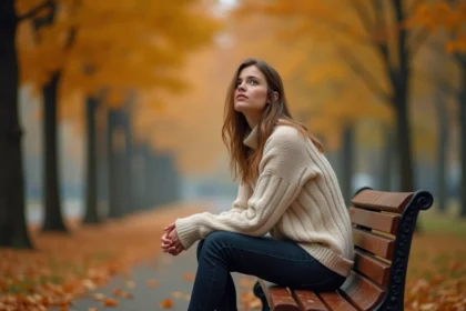 Femme pensive assise sur un banc en automne, symbolisant le doute et l'attente de la flamme jumelle