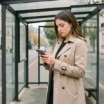 Jeune femme consultant le plan de la ligne de bus 92 sur son smartphone à un arrêt de bus urbain