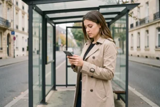 Jeune femme consultant le plan de la ligne de bus 92 sur son smartphone à un arrêt de bus urbain