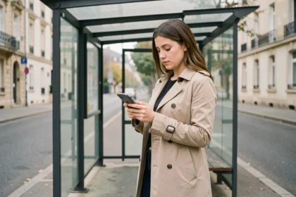 Jeune femme consultant le plan de la ligne de bus 92 sur son smartphone à un arrêt de bus urbain
