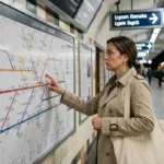 Femme consultant un plan de métro affiché dans une station de Lyon, doigt pointé sur la carte