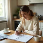 Femme gérant son budget mensuel avec un planning imprimé sur une table en bois dans une cuisine moderne