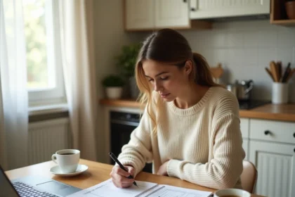 Femme gérant son budget mensuel avec un planning imprimé sur une table en bois dans une cuisine moderne