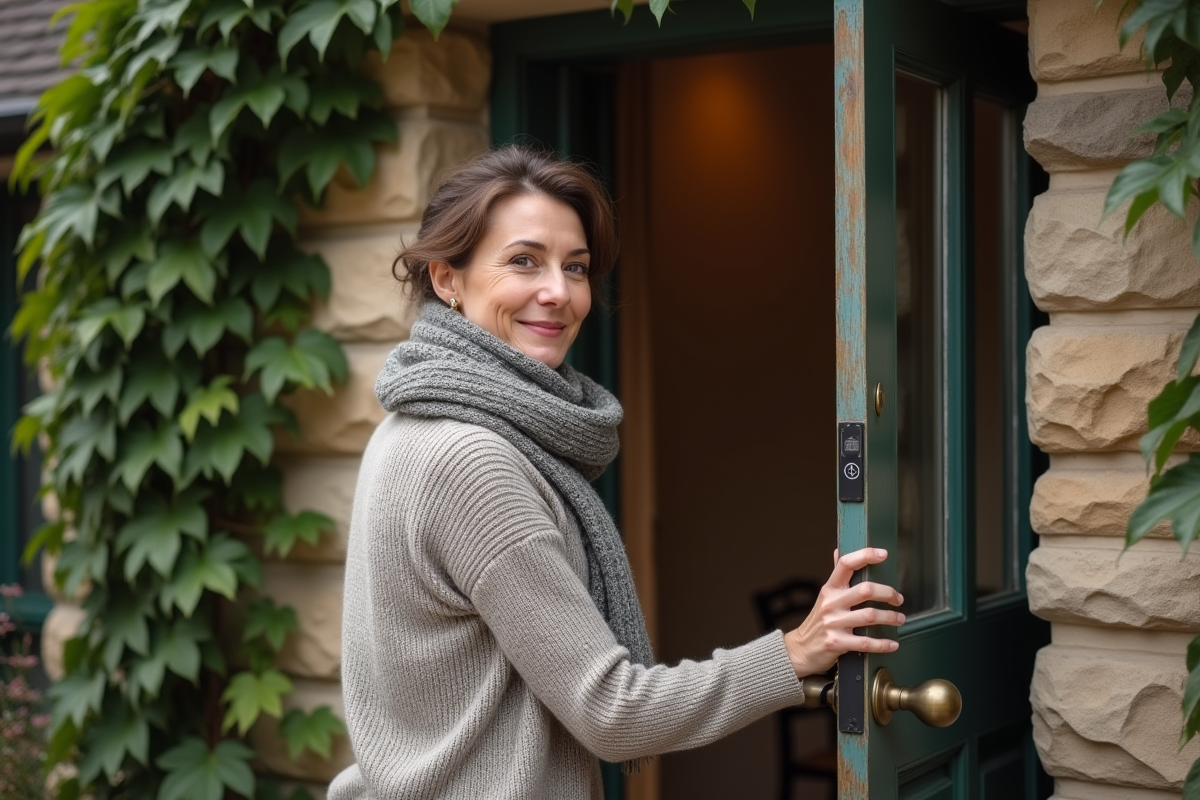 Femme souriante devant la porte d