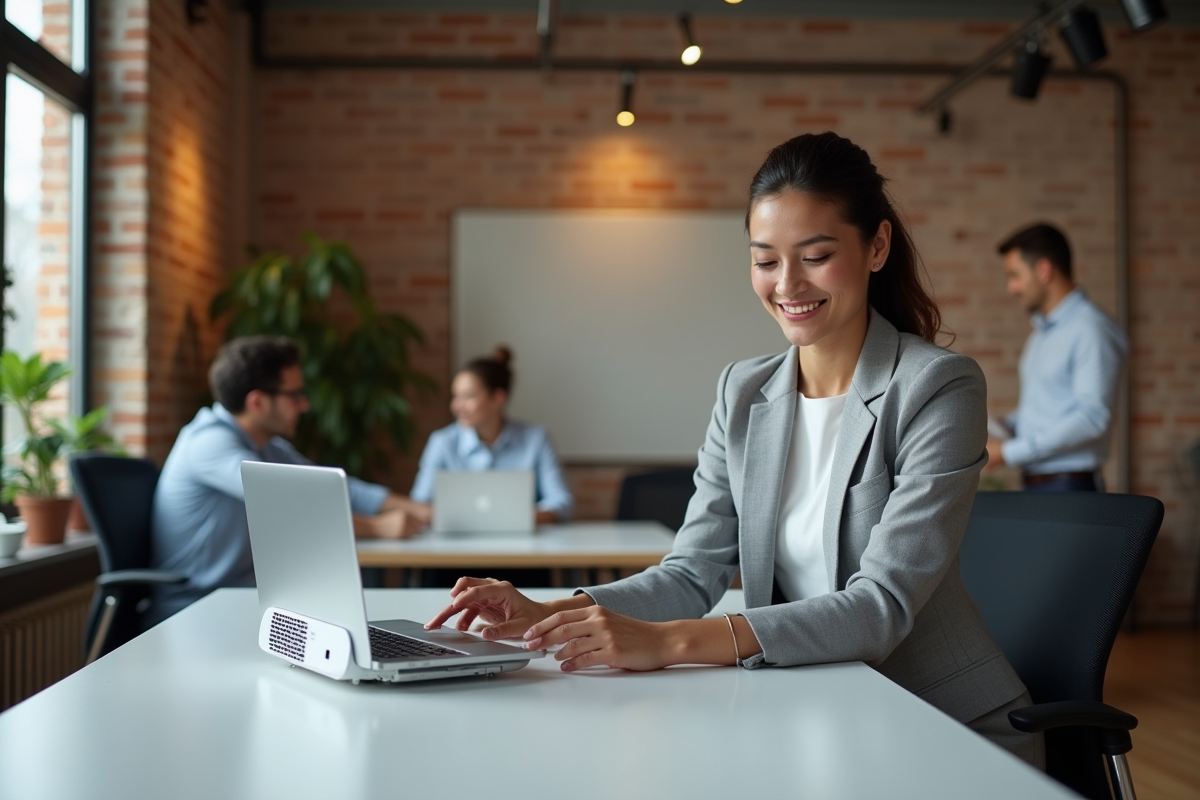 Femme d affaires installant un projecteur dans un espace de coworking