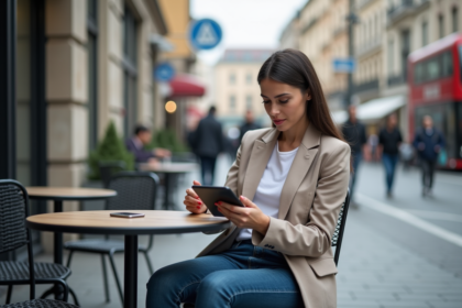 Jeune femme professionnelle utilisant une tablette en ville
