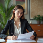 Femme d affaires en bureau examinant des documents immobiliers