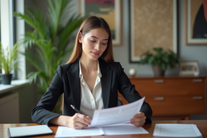 Femme d affaires en bureau examinant des documents immobiliers
