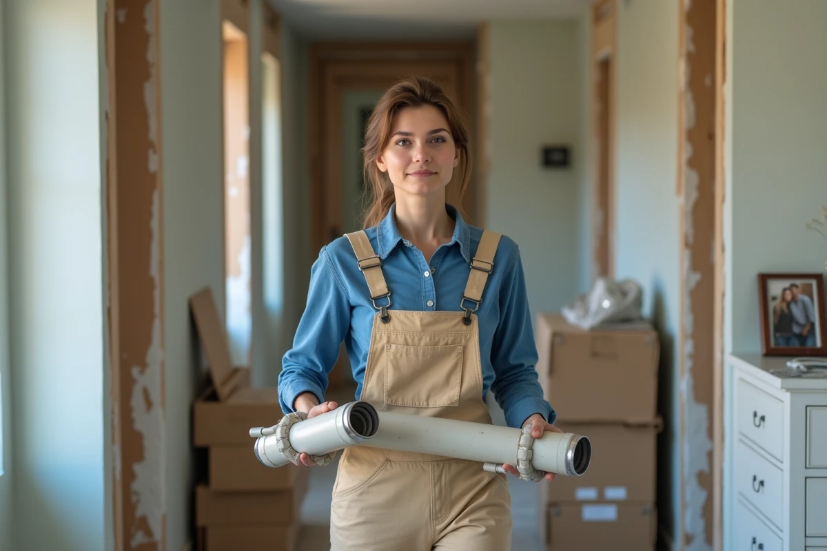 Jeune femme portant des tuyaux dans un couloir en rénovation