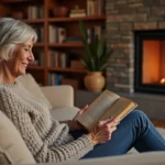 Femme détendue lisant près d'une cheminée moderne dans le salon