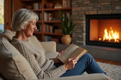 Femme détendue lisant près d'une cheminée moderne dans le salon