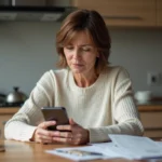 Femme d'âge moyen regardant son smartphone dans la cuisine