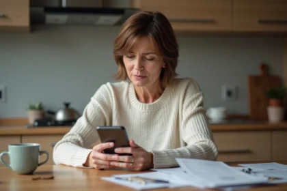 Femme d'âge moyen regardant son smartphone dans la cuisine