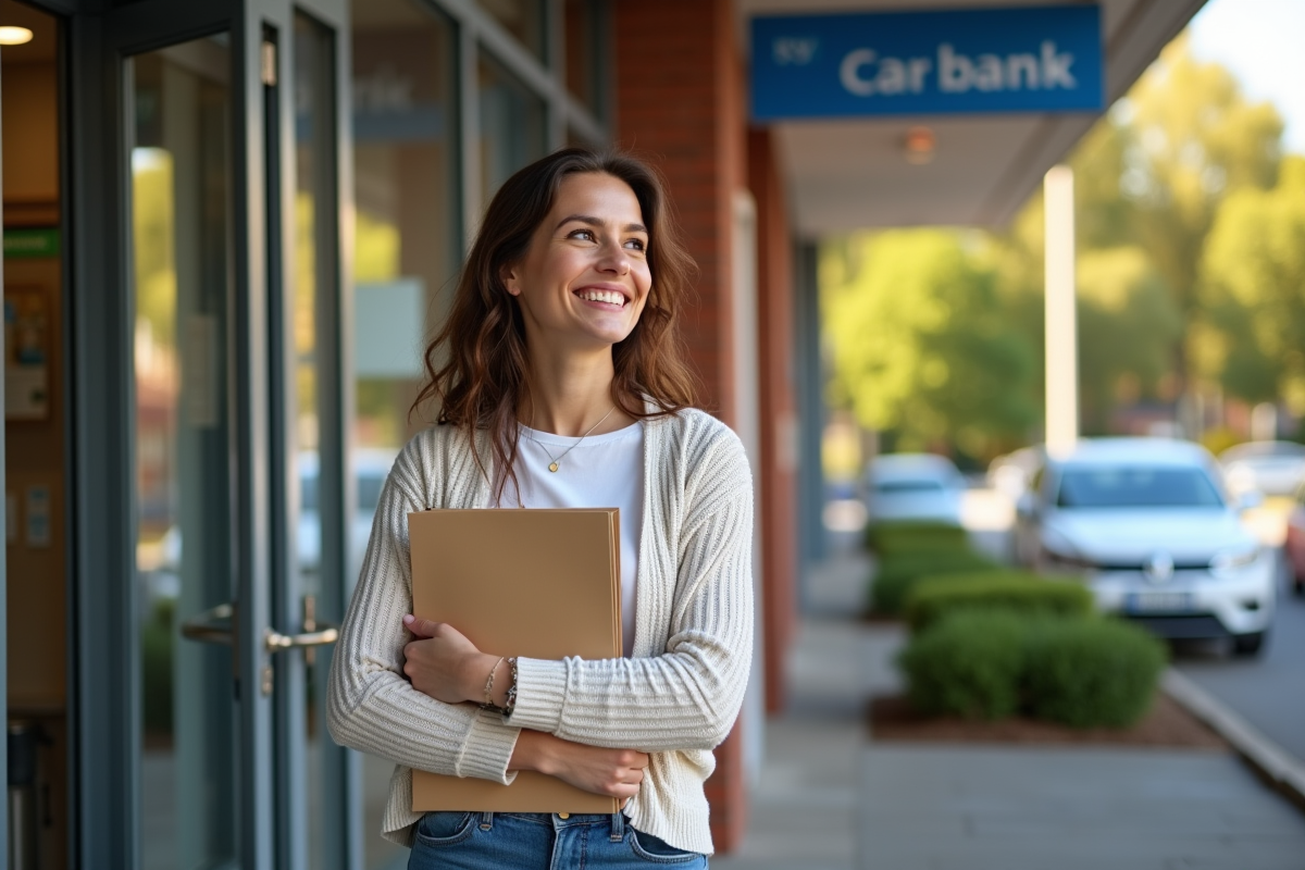 Jeune femme souriante devant une agence bancaire