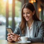Jeune femme souriante utilisant une application bancaire sur smartphone