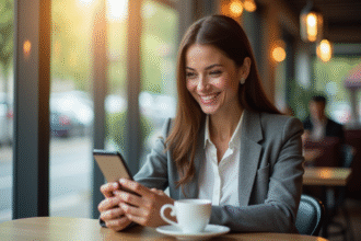 Jeune femme souriante utilisant une application bancaire sur smartphone