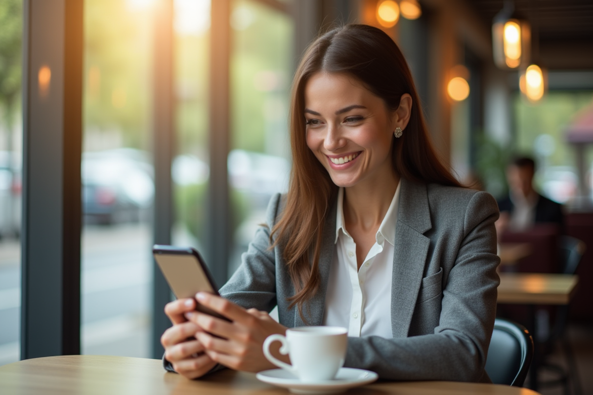 Jeune femme souriante utilisant une application bancaire sur smartphone