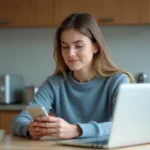 Femme assise à la cuisine avec smartphone et ordinateur