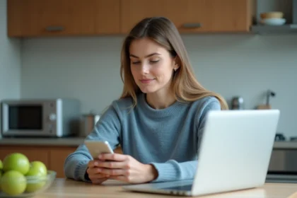 Femme assise à la cuisine avec smartphone et ordinateur