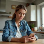 Femme dans sa maison regardant son smartphone avec inquiétude