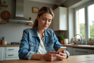 Femme dans sa maison regardant son smartphone avec inquiétude
