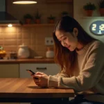 Jeune femme souriante regardant son smartphone le soir