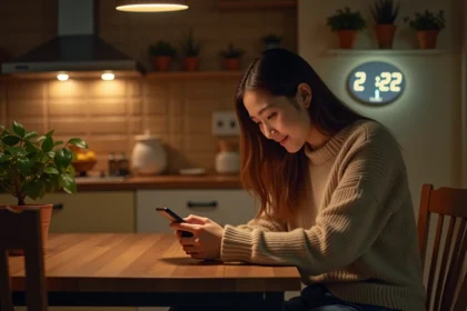 Jeune femme souriante regardant son smartphone le soir