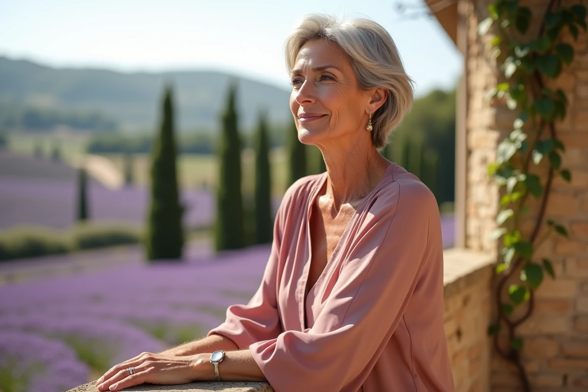 Femme aux cheveux argentés au teint soigné posant sur une terrasse en pierre entourée de champs de lavande en Provence