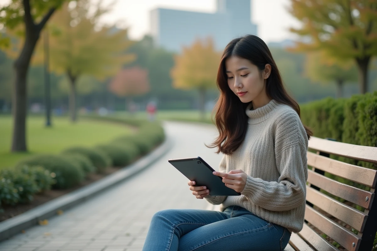 Femme lisant un manhwa sur une tablette dans un parc urbain