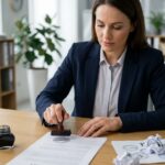 Femme professionnelle utilisant un tampon encreur personnalisé sur un document dans un bureau moderne